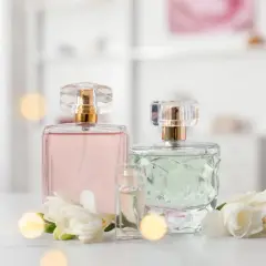 Szukasz inspiracji, jakie perfumy z Rossmanna polecacie? Na zdjęciu eleganckie flakoniki z różowymi i zielonymi perfumami, ozdobione białymi kwiatami.