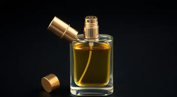 Szklana butelka perfum z złotą nakrętką i atomizerem. Jak naprawić perfum który nie psika? Sprawdź, czy atomizer nie jest zapchany.