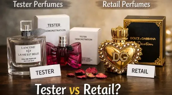 Tester perfum od oryginału różni się opakowaniem. Na zdjęciu tester Lancôme La Vie Est Belle i perfumy Dolce & Gabbana Devotion.